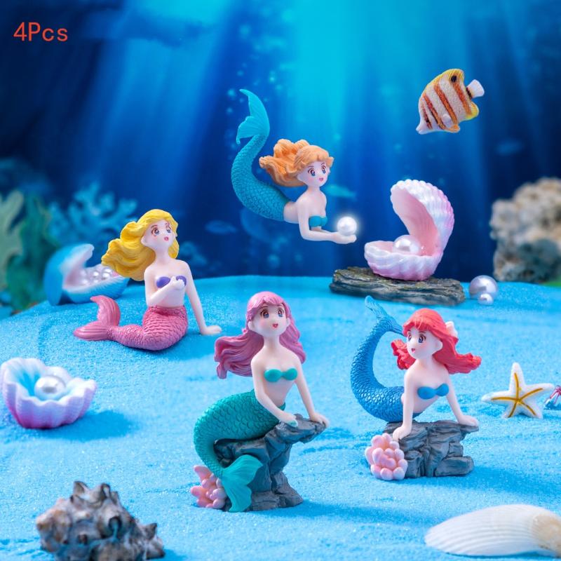 Aquarium Fish Only - 4 Stück Plastik-Aquarium-Dekofiguren Kleine Meerjungfrau Miniatur-Figuren