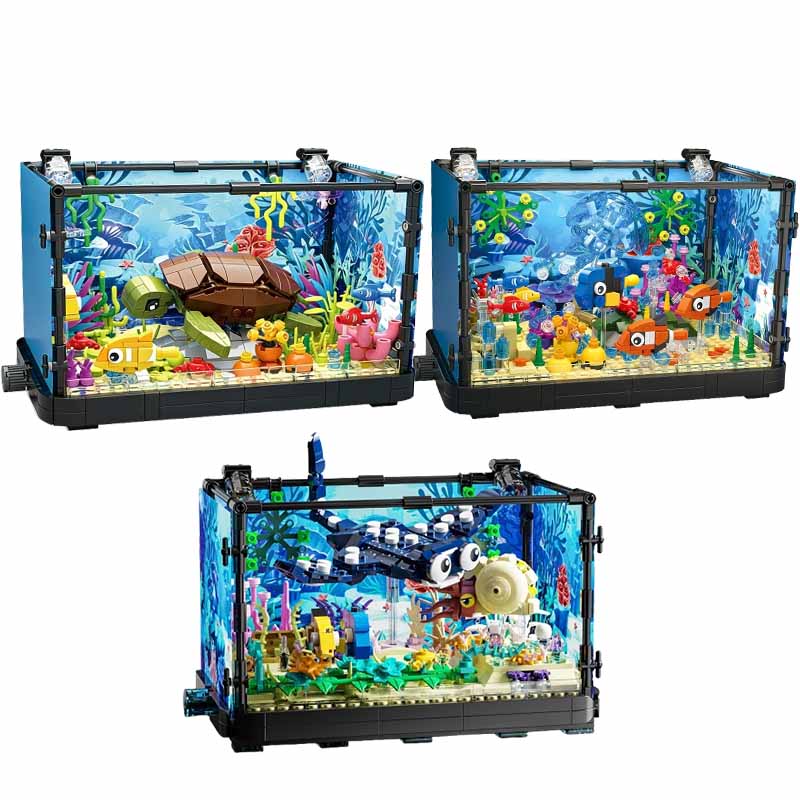 Fish Toy In Aquarium - Aquarium-Baustein-Set mit Licht, Aquarium, Meeresschildkröte, Baustein-Spielzeug